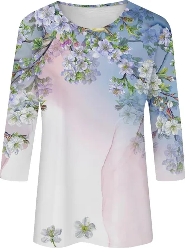 Vista 2 de Camisas de manga 34 para mujer, cuello redondo, estampado floral, sudaderas casuales elegantes, blusas de manga tres cuartos