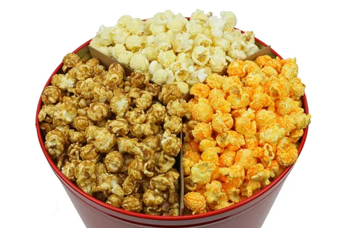 Vista 4 de Signature Popcorn - Lata de metal reutilizable rojo sólido de 2 galones - Mantequilla, caramelo y queso cheddar