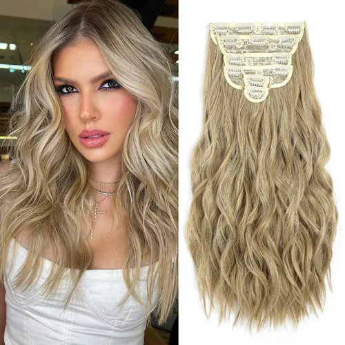 Vista 28 de Fliace Extensiones de cabello con clip para mujer, extensiones de cabello ondulado largo de color marrón medio, extensiones de cabello sintético