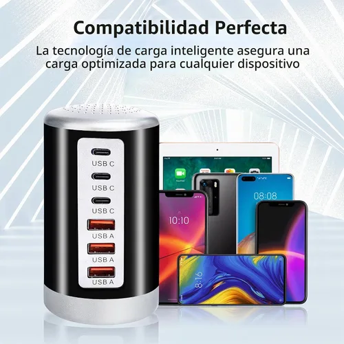 Vista 4 de Estación de carga USB de 60 W, 6 puertos (3 USB-A y 3 USB-C) compatible con iPhone 15/14/13/12/11, tabletas, teléfonos inteligentes, color negro