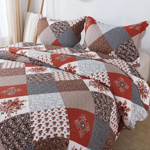 Vista 9 de Juego de cama de dos piezas, tamaño individual, de microfibra, reversible, de retazos, estilo floral, todas las estaciones, patrón de porcelana azul
