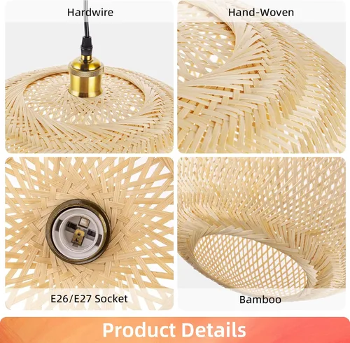 Vista 8 de Arturesthome Luces Colgantes de Bambú de 15.7", Candelabro de Mimbre Redondo, Pantalla de Lámpara de Canasta Boho Tejida a Mano, Luz de Techo