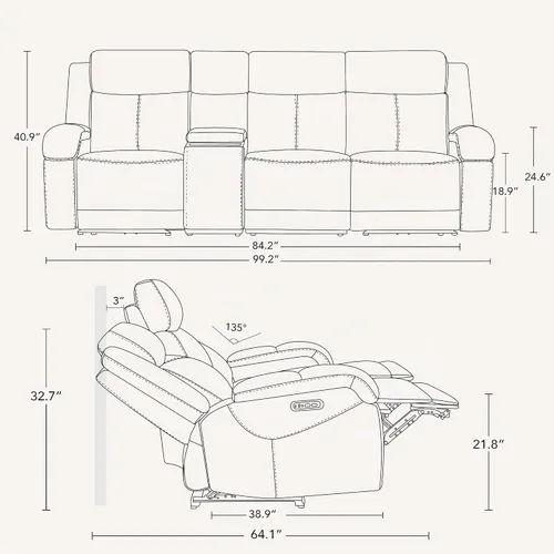 Vista 2 de Watson & Whitely Sofá reclinable eléctrico de piel auténtica, sofás reclinables de pared de 3 plazas con consola de almacenamiento, reposacabezas