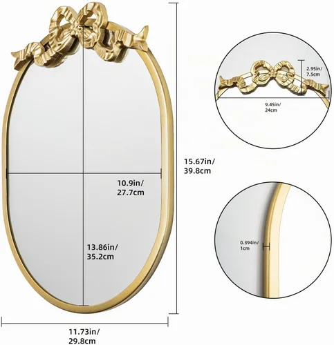 Vista 3 de SANY DAYO HOME Espejo ovalado con marco de metal dorado de 16 x 12 pulgadas para colgar en la pared, con lazo decorativo, moderno espejo de cristal