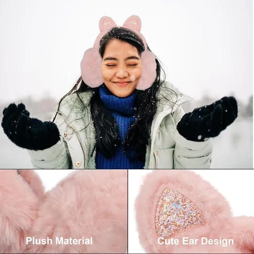 Vista 7 de Pop Your Dream Linda orejera de gato para niños, niñas, suave felpa brillante, calentadores de orejas de invierno, fundas ajustables para exteriores