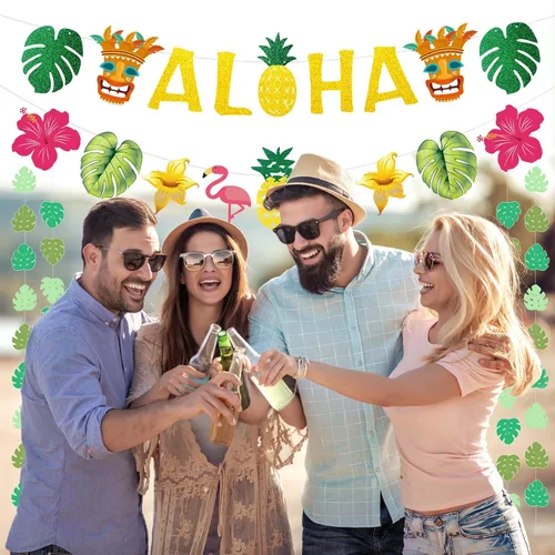 Vista 5 de Decoraciones de fiesta hawaiana Aloha – Cartel dorado brillante Aloha para suministros de fiesta temática de Luau tropical de Hawaii