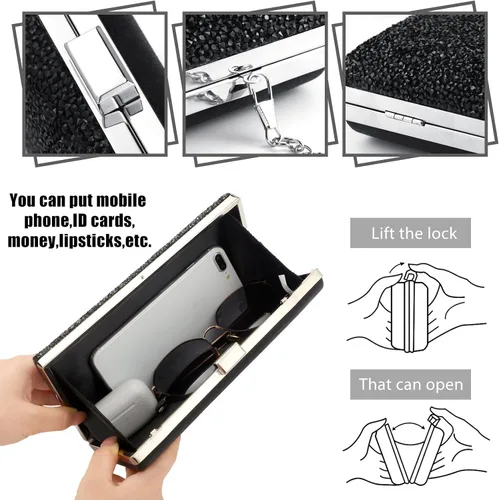 Vista 4 de Kigeli 4 piezas de diamantes de imitación para mujer, bolsa de embrague de noche, collar y pulsera para boda formal