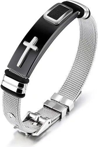 Vista 10 de Pulsera de Cruz para Hombres de Acero Inoxidable Pulsera Cristiana Joyería Religiosa con Diseño de Malla Moderno Regalo de Personalidad para Hombres