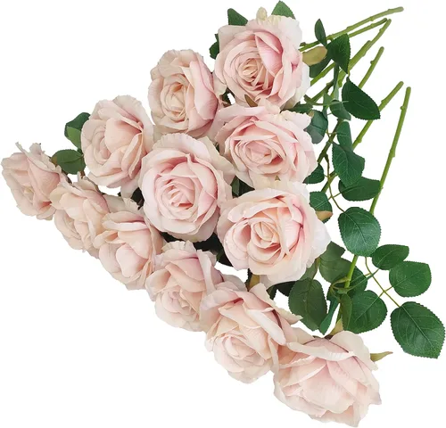 Vista 9 de ATFL Rosas Rubor, 12 Piezas de Rosas Rosa Pálido, Rosas Artificiales de Color Rosa Claro, Diámetro de la Flor 10 cm, Rosas Artificiales con Tallos