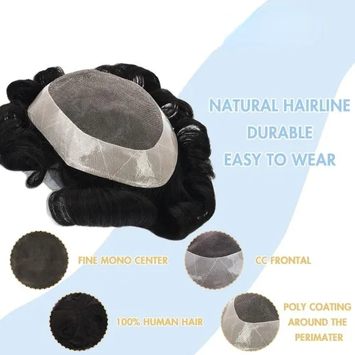 Vista 3 de Peluca de hombre Toupee fina mono y poliuretano para hombre, prótesis capilar duradera, sistema de reemplazo de cabello natural, peluca masculina