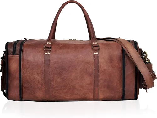 Vista 5 de Bolsa de lona de cuero genuino de 24 pulgadas, hecha a mano, vintage, bolsa de equipaje para hombres, bolsa de viaje para hombre, bolsa de lona