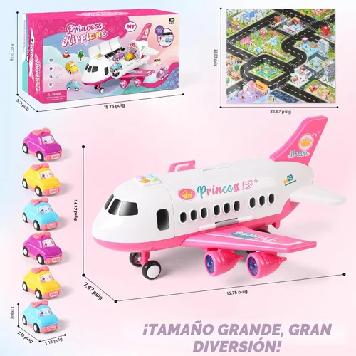 Vista 2 de Dwi Dowellin Juguete de avión rosa con 6 camiones y tapete de juego, avión con luces y sonidos para niños y niñas de 3, 4, 5, 6, 7 años