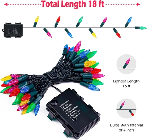 Vista 7 de RECESKY C3 Luces de Cadena de Navidad con Temporizador Incorporado - 50 LED 18 pies Luces de Cadena de Batería con Bombillas Facetadas - Iluminación
