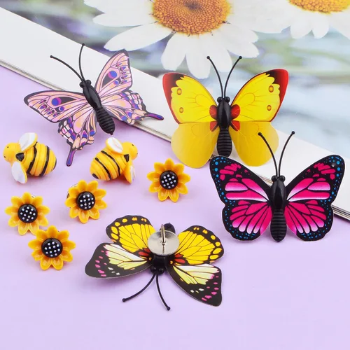 Vista 7 de 30 pines decorativos creativos de estilos mixtos, bonitos pasadores de girasol, abeja, mariposa, pasadores con una caja para fotos, pared, oficina