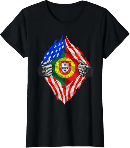 Vista 41 de Camiseta de bandera de Estados Unidos con diseño de raíces portuguesas, Negro, S