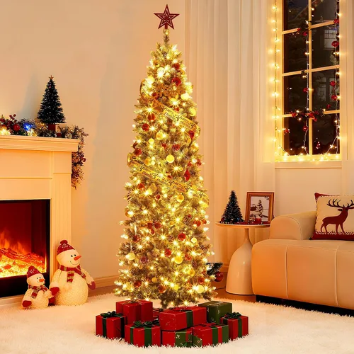 Vista 19 de Árbol de Navidad artificial flocado de nieve de 6 pies, árbol de Navidad delgado sin luz con piñas, puntas de ramas de PVC, soporte de metal