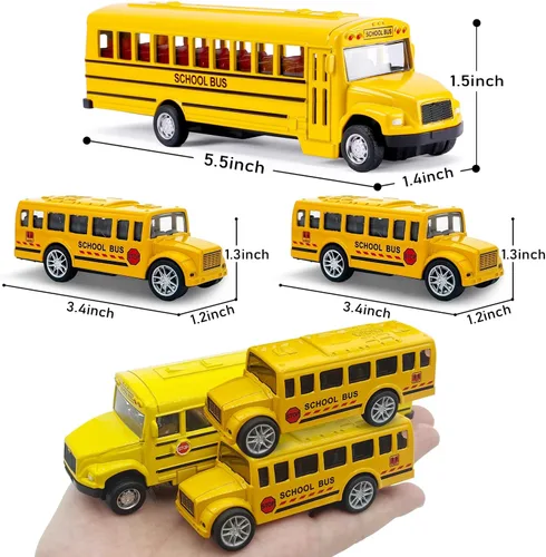 Vista 4 de Juego de 3 autobuses escolares de jalar, vehículos de juguete de metal fundido a presión con amarillo brillante para niños, niñas, niños pequeños