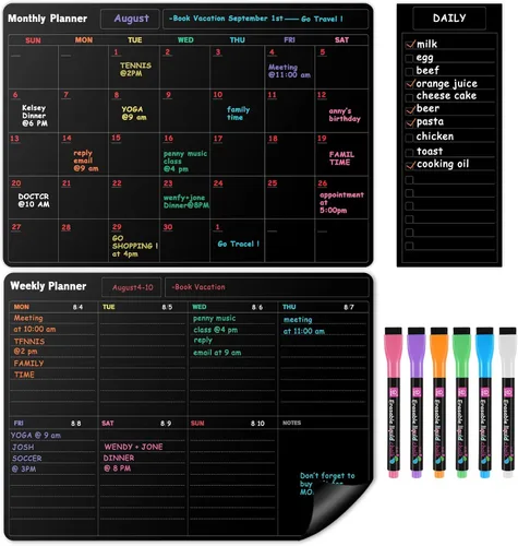 Vista 8 de Juego de calendario de pizarra blanca negra para nevera (paquete de 3), 1 tabla magnética de tareas y 1 planificador semanal para refrigerador, 1