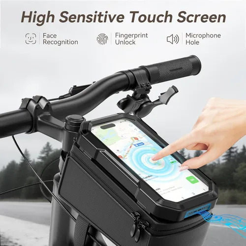 Vista 2 de KDD Bolsa de marco frontal para bicicleta con soporte impermeable para teléfono, bolsa de almacenamiento de ciclismo de montaña, bolsa de manillar