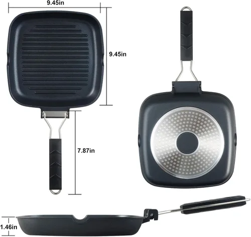 Vista 6 de S·KITCHN Sartén para parrilla con mango plegable, sartén antiadherente para estufas, sartén cuadrada compatible con inducción con boquillas