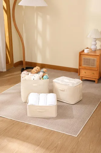 Vista 9 de Canasta decorativa rectangular de tela con asas, organizadora para guardar la ropa