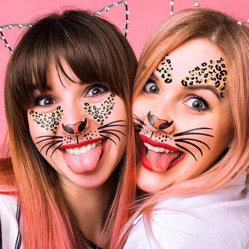 Vista 2 de Paquete de 6 tatuajes temporales de cara de leopardo feroz, kit de rayas realistas para nariz, bigotes y frente para Halloween, fiestas de disfraces