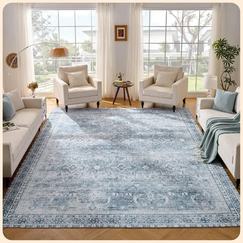 Vista 385 de Istana Alfombra larga antideslizante de 2.5 x 8 para el hogar, para pasillo y cocina, lavable, sedosa y suave al tacto, elegante, color azul y marfil