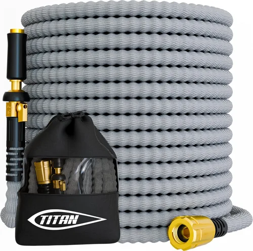Vista 9 de Manguera de jardín flexible TITAN de 10 pies – Ultra ligera, manguera de agua resistente con accesorios de latón y boquilla de chorro – Sin