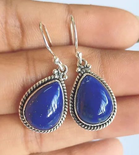 Vista 5 de Pendiente de plata de ley 925 con piedras preciosas de lapislázuli, hecho a mano, regalo de cumpleaños para ella, Plata de ley, lapislázuli