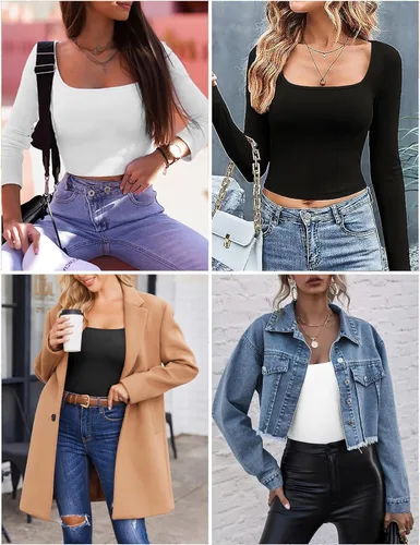 Vista 5 de Ekouaer Camisetas de manga larga para mujer, cuello cuadrado, ajustadas, de algodón, térmica, básica, elástica, S-XXL