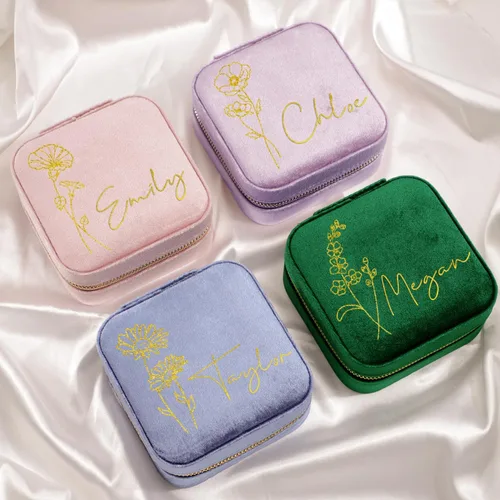 Vista 2 de Joyero personalizado de terciopelo con espejo, diseño de flores de nacimiento personalizadas, organizador portátil de cumpleaños, día de la madre