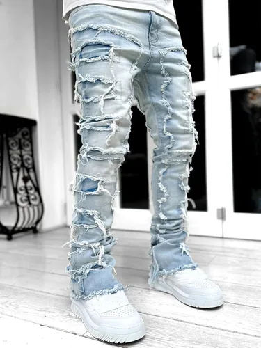 Vista 4 de Kodaruber Jeans apilados para hombre, ajustados, rasgados, elásticos, desgastados, rectos, pantalones de mezclilla hip hop, ropa de calle