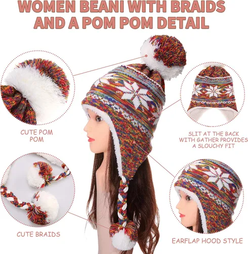Vista 2 de Gorro invernal Dosoni para mujer de punto con orejeras suave cálido y acogedor diseño de copos de nieve