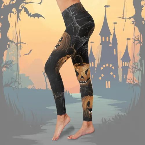Vista 3 de AMDBEL Leggings de Halloween con bolsillos, cintura alta suave para Halloween, cabeza de calabaza, estampado de rayas, leggings delgados para yoga