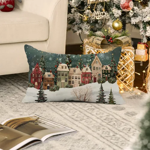 Vista 6 de Funda de almohada rectangular decorativa lumbar de invierno de 12 x 20 pulgadas, diseño de copos de nieve, casa del bosque de las maravillas, funda