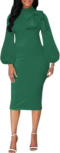 Vista 4 de BestGirl Vestidos ajustados de manga obispo para mujer, vestidos de trabajo casuales con estampado floral
