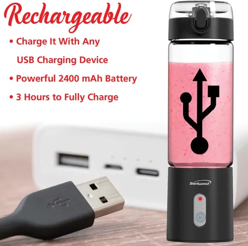 Vista 2 de Brentwood Licuadora portátil de vidrio cargable por USB con batería de 50 vatios y 17 onzas (negro)