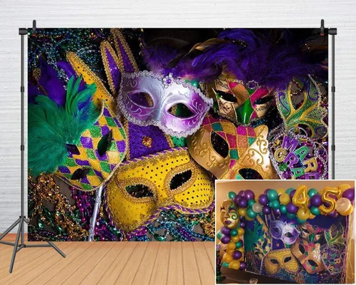 Vista 10 de CHAIYA Telón de fondo de fotografía con temática de Mardi Gras de 7 x 5 pies, fondo de mascarada, fiesta de baile, cabina de fotos para boda