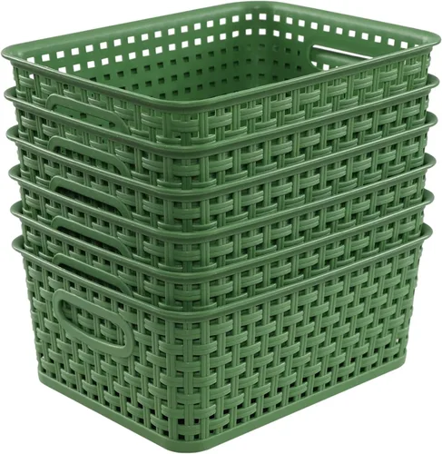 Vista 8 de Cesta de almacenamiento de plástico tejido, 10.03 x 7.55 x 4.09 pulgadas, juego de 6, verde Classic Woven Design, Dual Cutout Handles, Nestable