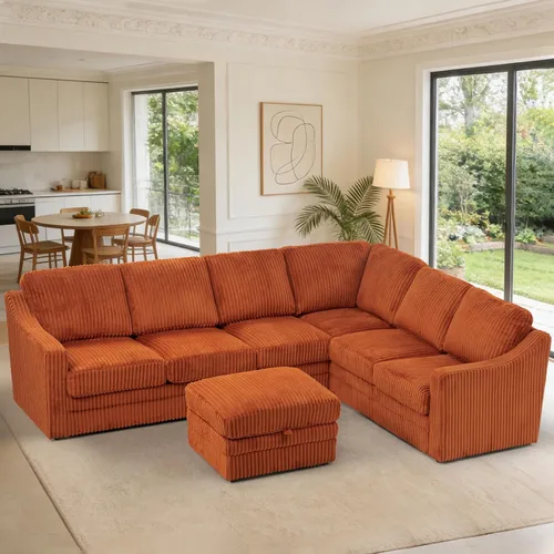 Vista 2 de Sofá modular de pana de 115 pulgadas con otomana de almacenamiento Naranja