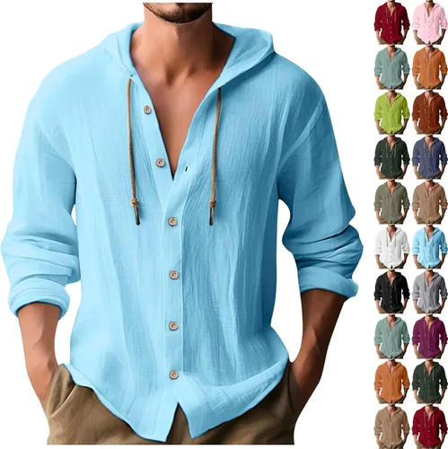 Vista 8 de Camisa de lino para hombre, casual, ligera, mexicana, guayabera, abotonada, playa, verano, sudadera con capucha y manga larga, camisa hawaiana