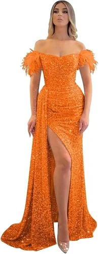 Vista 11 de Vestidos de fiesta de lentejuelas con hombros descubiertos, vestido formal de sirena brillante, vestido largo de fiesta de noche con abertura