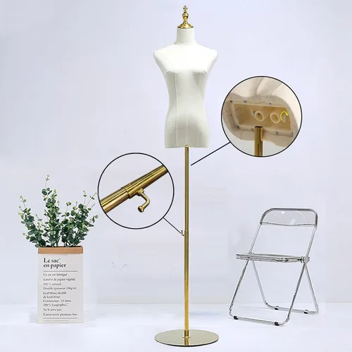 Vista 3 de Maniquí de vestido, forma de maniquí femenino Torso de 55 ~ 75 pulgadas altura ajustable cuerpo de maniquí dorado soporte de metal para ropa