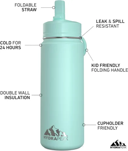 Vista 2 de Hydrapeak Mini botella de agua para niños de 20 onzas con tapa con pajilla, doble pared de acero inoxidable, a prueba de fugas y derrames, fría