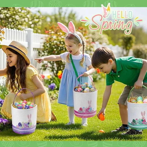 Vista 5 de Honeydak 4 cestas de Pascua para niños, bolsas de caza de huevos de Pascua, bolsas de lona de regalo, cubos de huevos con asas para caza de huevos