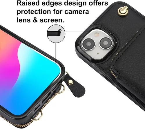 Vista 7 de Bocasal Funda tipo cartera cruzada para iPhone 15 Plus, funda de piel con bloqueo RFID y soporte para tarjetas, funda protectora con cremallera