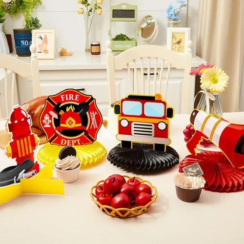 Vista 4 de Epakh 10 piezas de decoración de fiesta de cumpleaños con tema de camión de bomberos, suministros de mesa con tema de camión de bomberos, centros