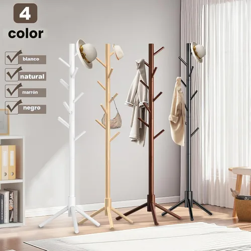 Vista 8 de Aliphon Perchero de madera, perchero independiente con 8 ganchos, árbol de abrigos ajustable de 3 tamaños para sombreros, abrigos, bufandas