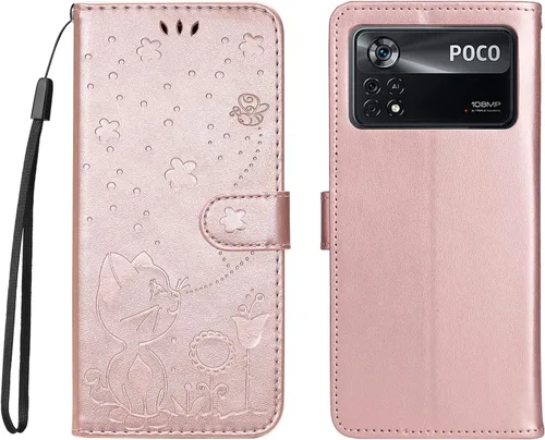 Vista 9 de Funda para Xiaomi Poco X4 Pro 5G, diseño de estampado de gatos y abejas, funda de cuero de primera calidad, cierre magnético