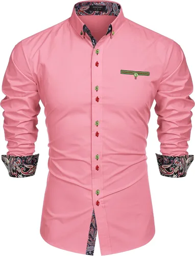 Vista 8 de COOFANDY Camisa de vestir para hombre, manga larga, casual, con botones, de cachemira, para fiesta, boda, vestido Marrón